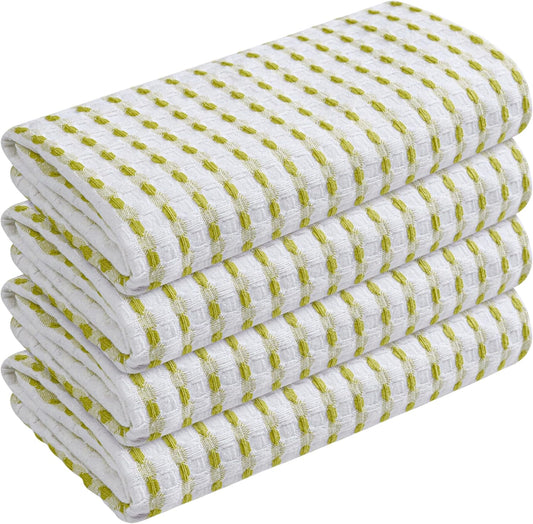 Waffle Kitchen Towels Set of 4, 16x26 Inches, 100% Cotton Waffle Weave Dish Cloth Pack, Super Absorbent & Fast Dry Tea Towels for Drying and Cleaning, Lemon Green, White