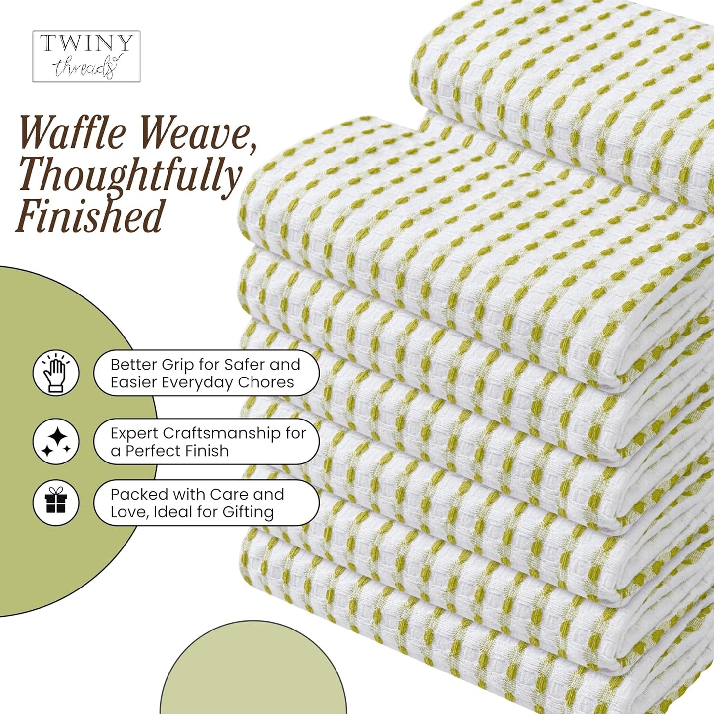 Waffle Kitchen Towels Set of 4, 16x26 Inches, 100% Cotton Waffle Weave Dish Cloth Pack, Super Absorbent & Fast Dry Tea Towels for Drying and Cleaning, Lemon Green, White