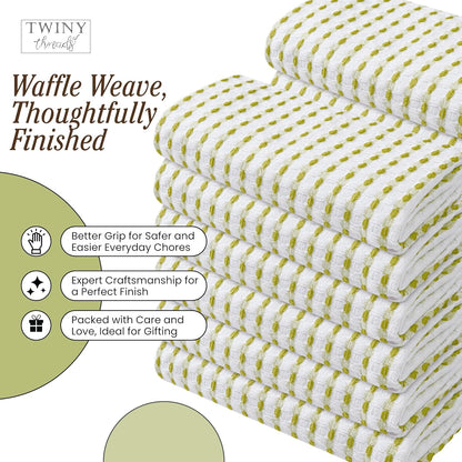Waffle Kitchen Towels Set of 4, 16x26 Inches, 100% Cotton Waffle Weave Dish Cloth Pack, Super Absorbent & Fast Dry Tea Towels for Drying and Cleaning, Lemon Green, White
