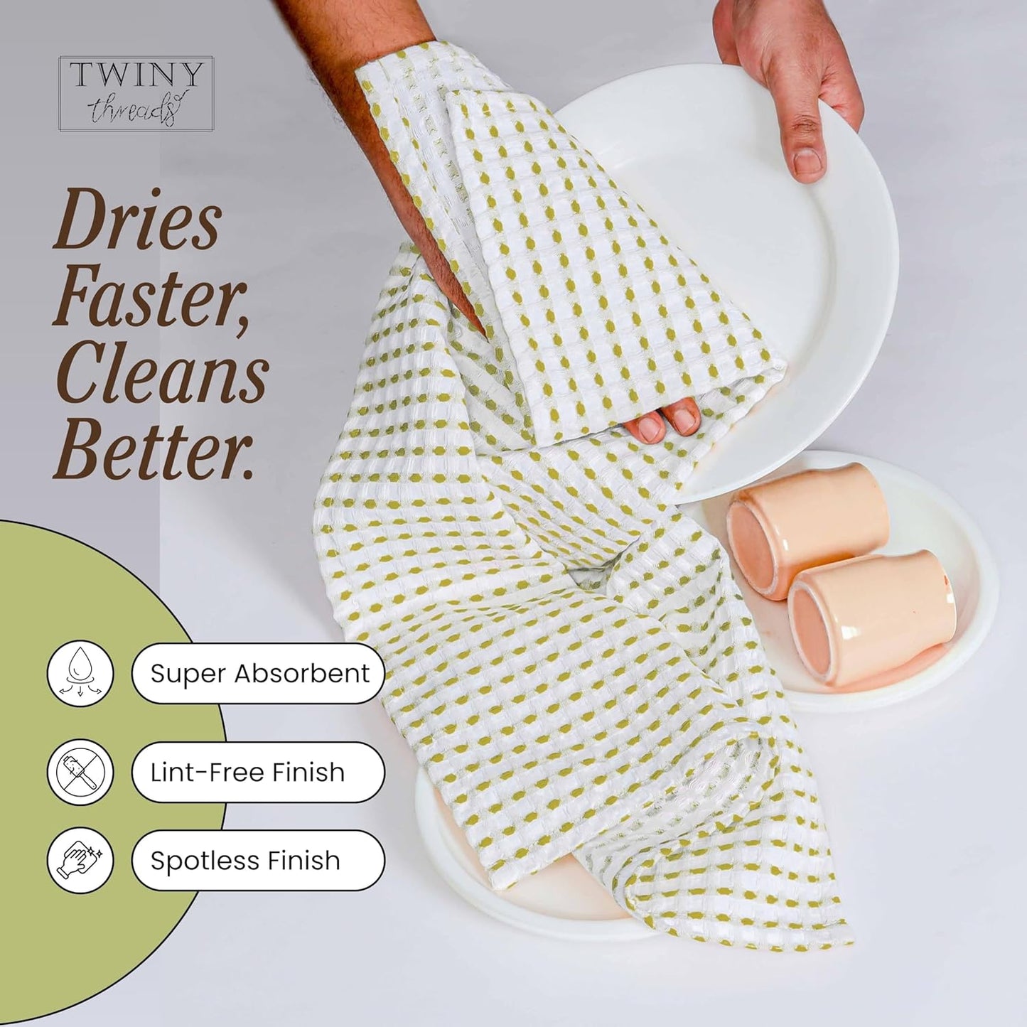 Waffle Kitchen Towels Set of 4, 16x26 Inches, 100% Cotton Waffle Weave Dish Cloth Pack, Super Absorbent & Fast Dry Tea Towels for Drying and Cleaning, Lemon Green, White