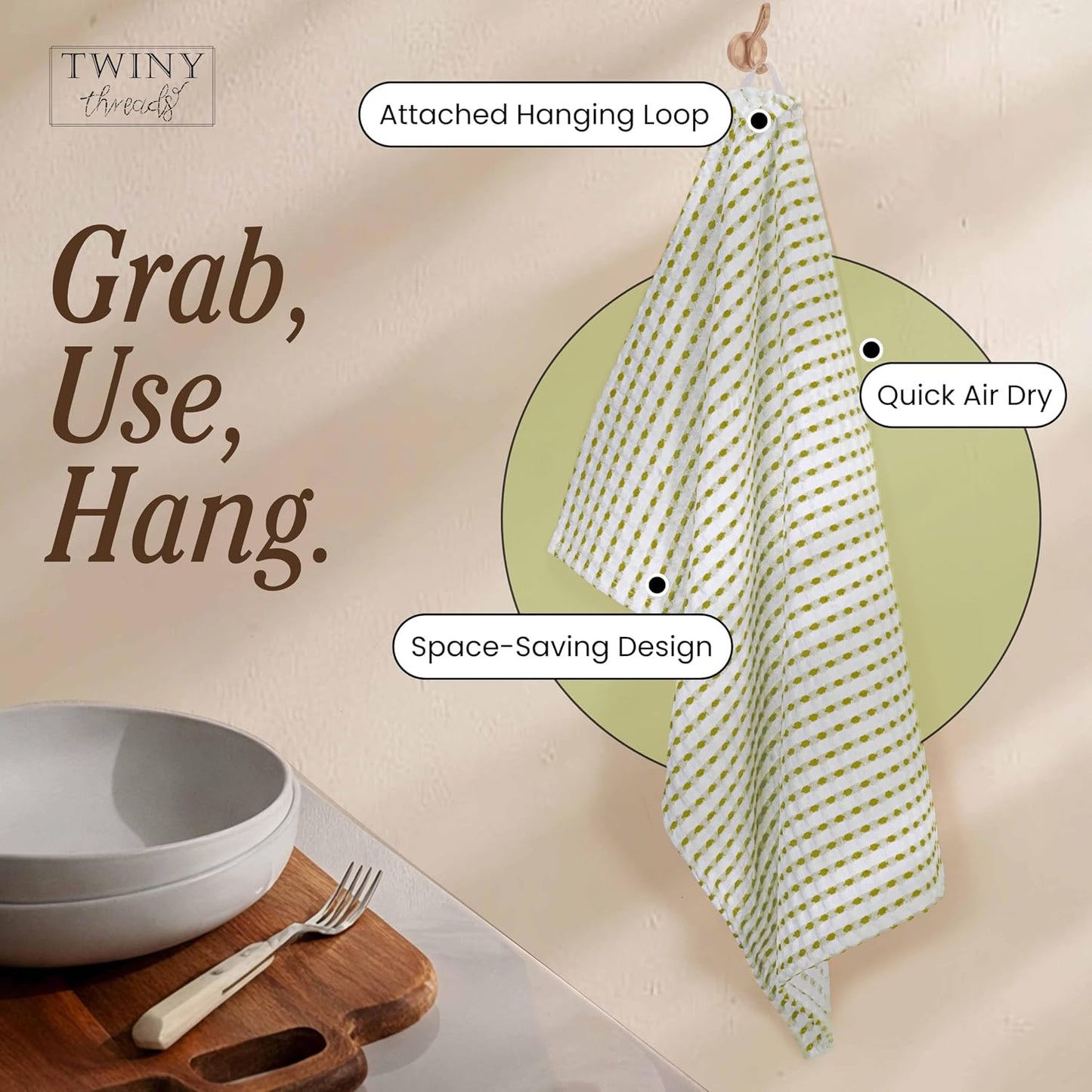 Waffle Kitchen Towels Set of 4, 16x26 Inches, 100% Cotton Waffle Weave Dish Cloth Pack, Super Absorbent & Fast Dry Tea Towels for Drying and Cleaning, Lemon Green, White