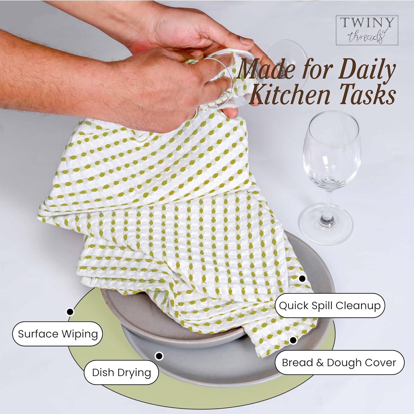 Waffle Kitchen Towels Set of 4, 16x26 Inches, 100% Cotton Waffle Weave Dish Cloth Pack, Super Absorbent & Fast Dry Tea Towels for Drying and Cleaning, Lemon Green, White