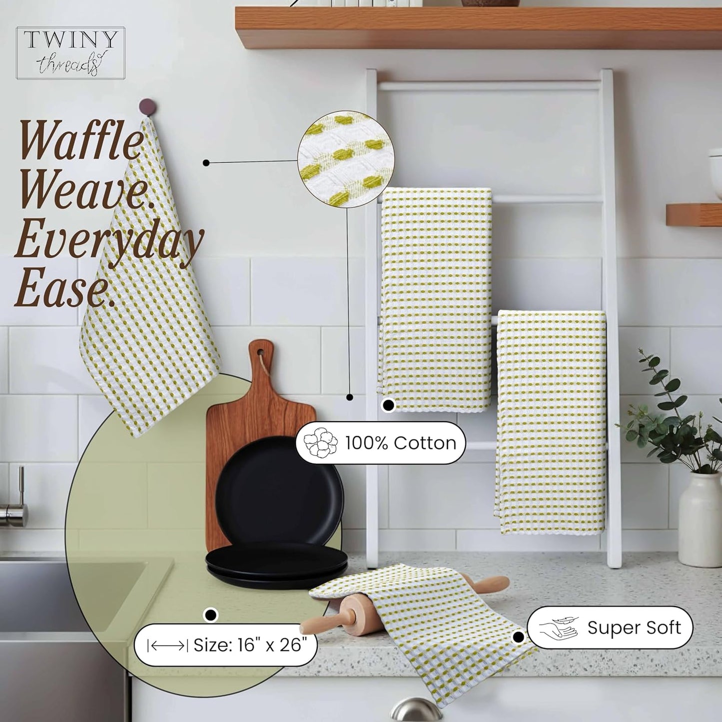 Waffle Kitchen Towels Set of 4, 16x26 Inches, 100% Cotton Waffle Weave Dish Cloth Pack, Super Absorbent & Fast Dry Tea Towels for Drying and Cleaning, Lemon Green, White
