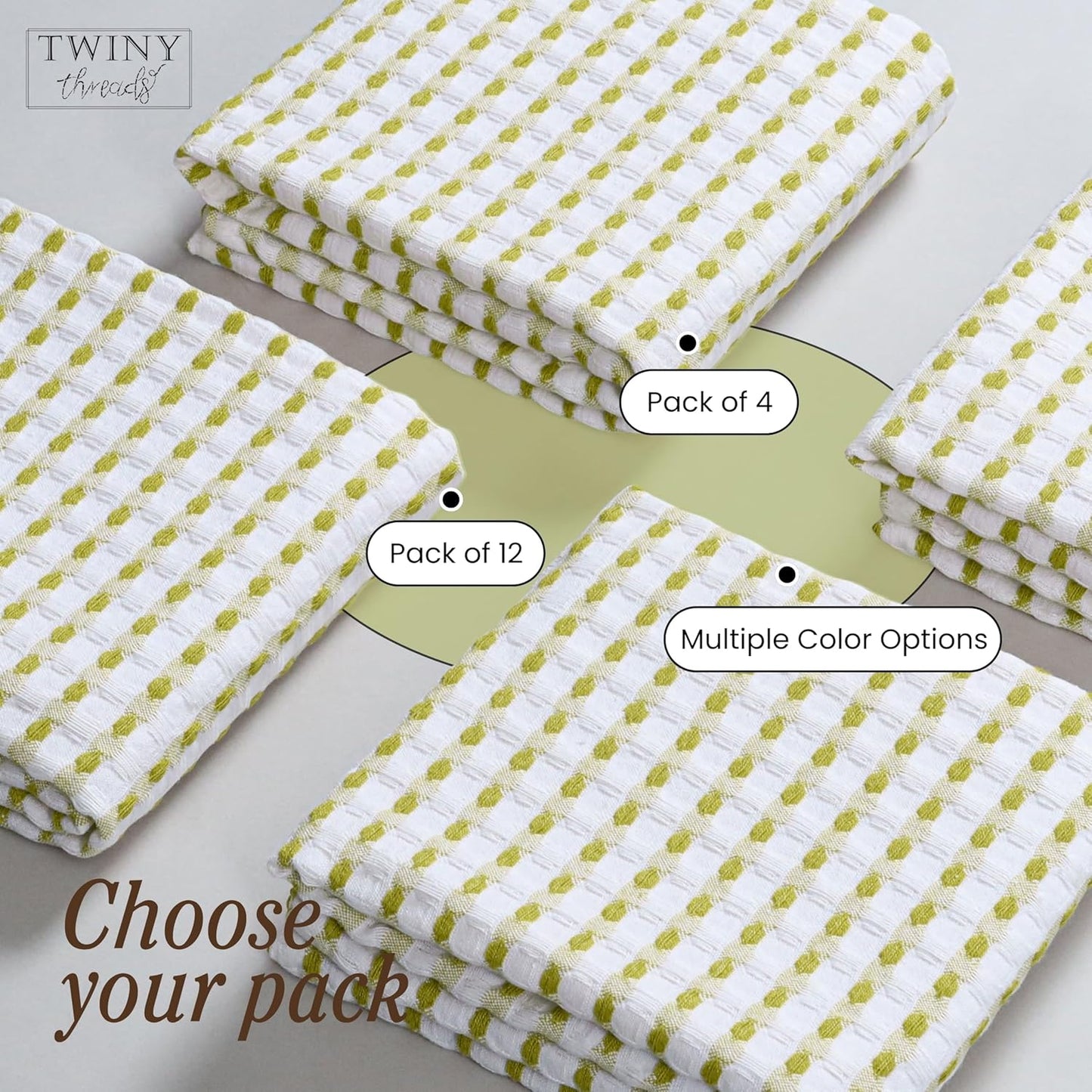 Waffle Kitchen Towels Set of 4, 16x26 Inches, 100% Cotton Waffle Weave Dish Cloth Pack, Super Absorbent & Fast Dry Tea Towels for Drying and Cleaning, Lemon Green, White