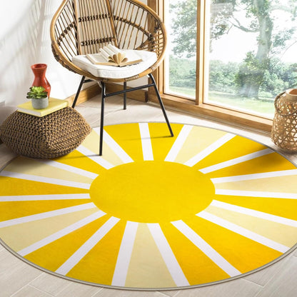 Round Area Rugs 5Ft - Washable Large Boho Round Rug for Living Room Cute Soft Nursery Rug Non-Slip Low-Pile Circle Rug, Rainbow Sun Print Round Carpet for Bedroom Dining Room (5'x5', Yellow)