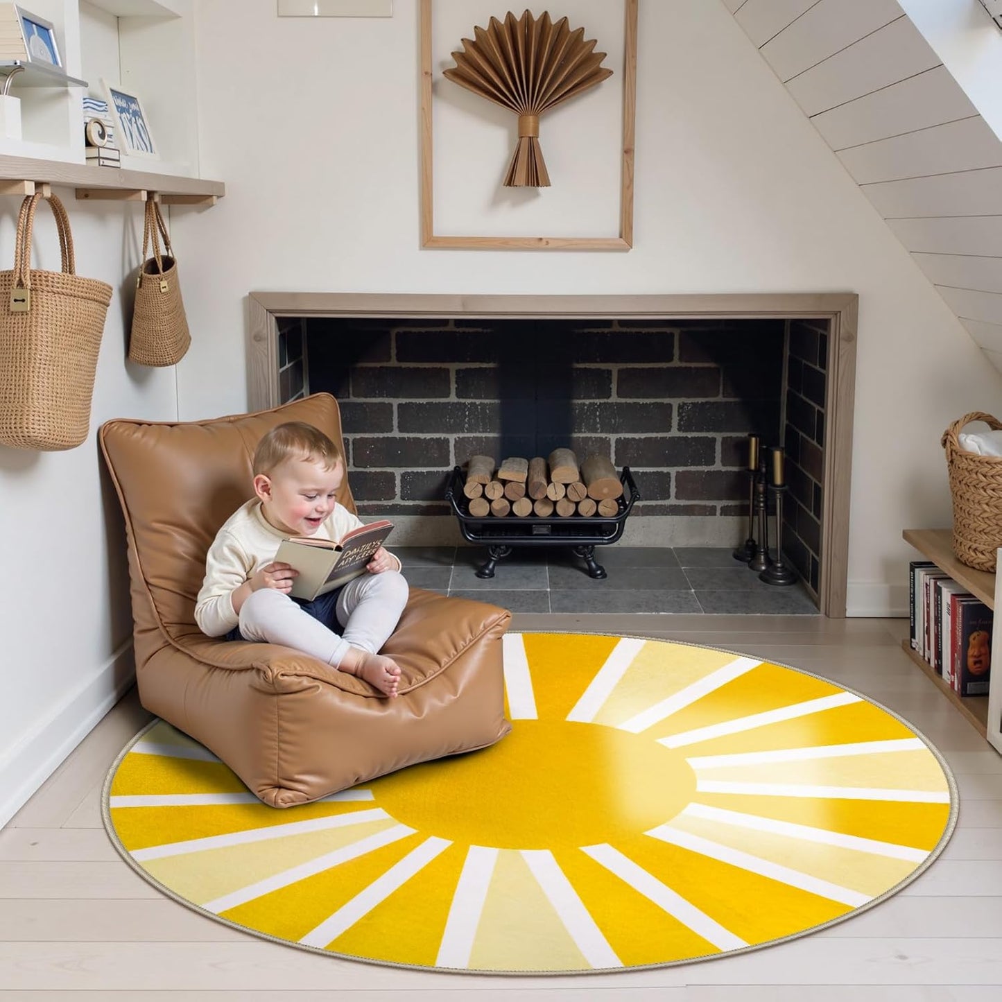 Round Area Rugs 5Ft - Washable Large Boho Round Rug for Living Room Cute Soft Nursery Rug Non-Slip Low-Pile Circle Rug, Rainbow Sun Print Round Carpet for Bedroom Dining Room (5'x5', Yellow)