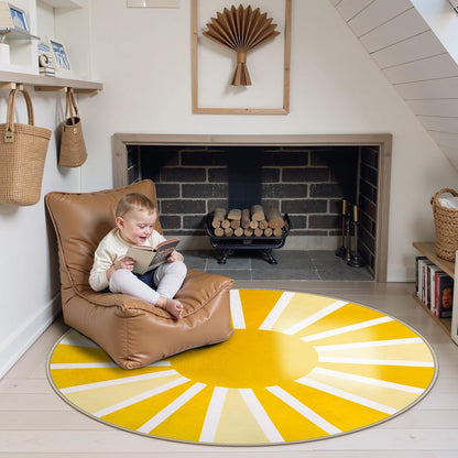 Round Area Rugs 5Ft - Washable Large Boho Round Rug for Living Room Cute Soft Nursery Rug Non-Slip Low-Pile Circle Rug, Rainbow Sun Print Round Carpet for Bedroom Dining Room (5'x5', Yellow)