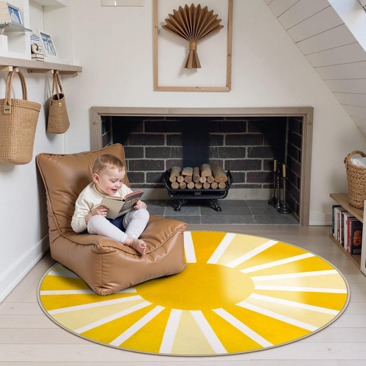 Round Area Rugs 5Ft - Washable Large Boho Round Rug for Living Room Cute Soft Nursery Rug Non-Slip Low-Pile Circle Rug, Rainbow Sun Print Round Carpet for Bedroom Dining Room (5'x5', Yellow)