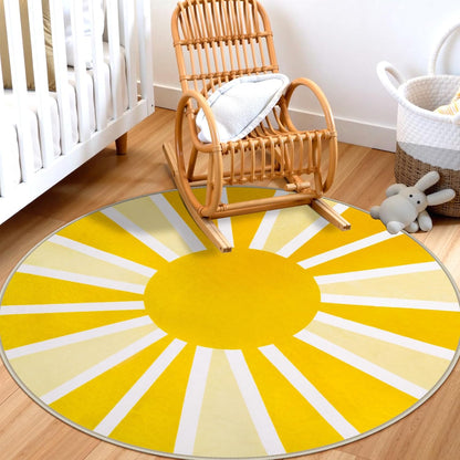 Round Area Rugs 5Ft - Washable Large Boho Round Rug for Living Room Cute Soft Nursery Rug Non-Slip Low-Pile Circle Rug, Rainbow Sun Print Round Carpet for Bedroom Dining Room (5'x5', Yellow)