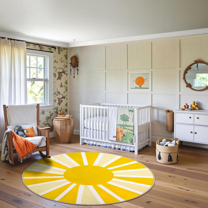 Round Area Rugs 5Ft - Washable Large Boho Round Rug for Living Room Cute Soft Nursery Rug Non-Slip Low-Pile Circle Rug, Rainbow Sun Print Round Carpet for Bedroom Dining Room (5'x5', Yellow)