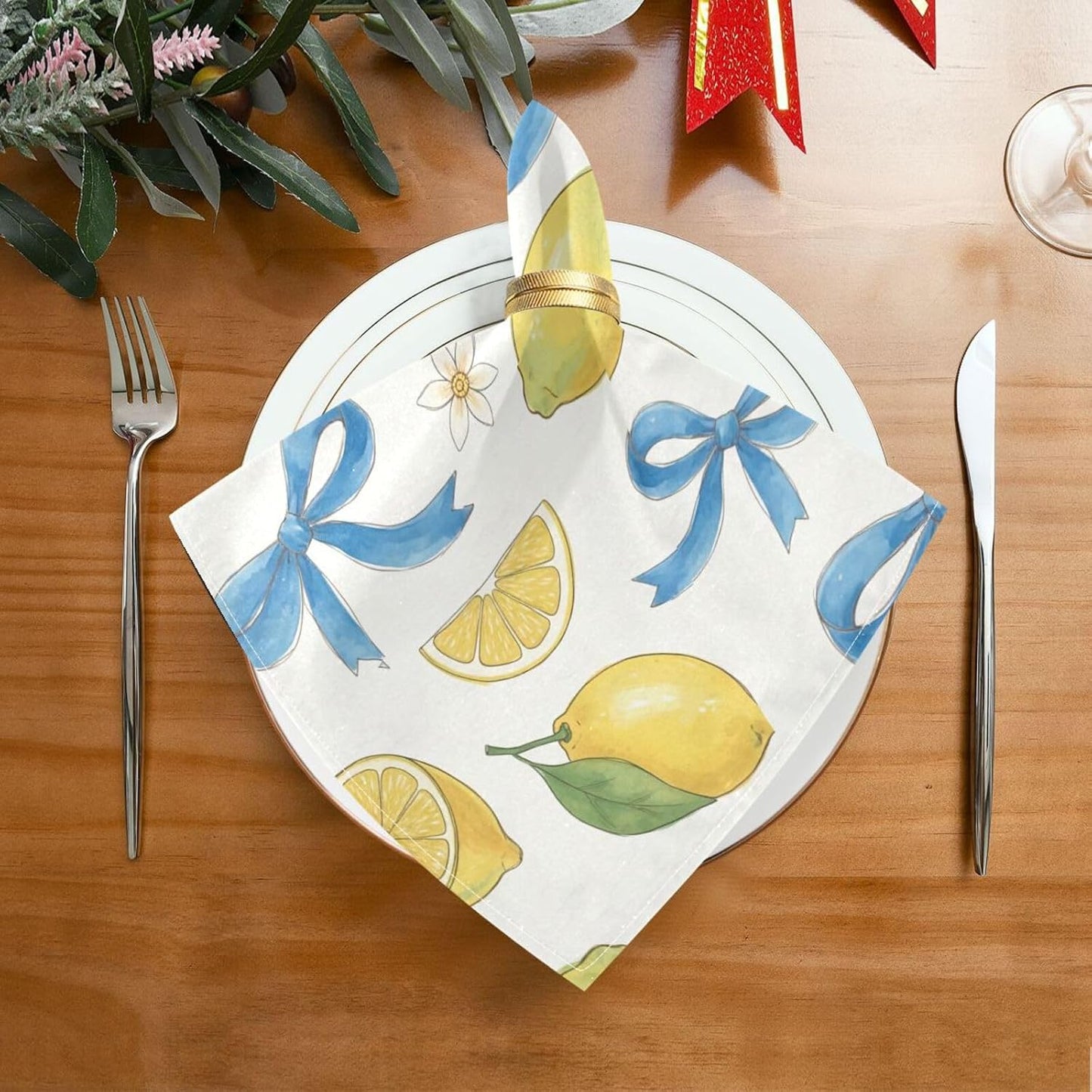 Bow and Lemon Washable Cloth Napkins Set - Reusable Decorative Table Napkins for Wedding, Party, Dining | 20x20 Inches | Home & Gifting