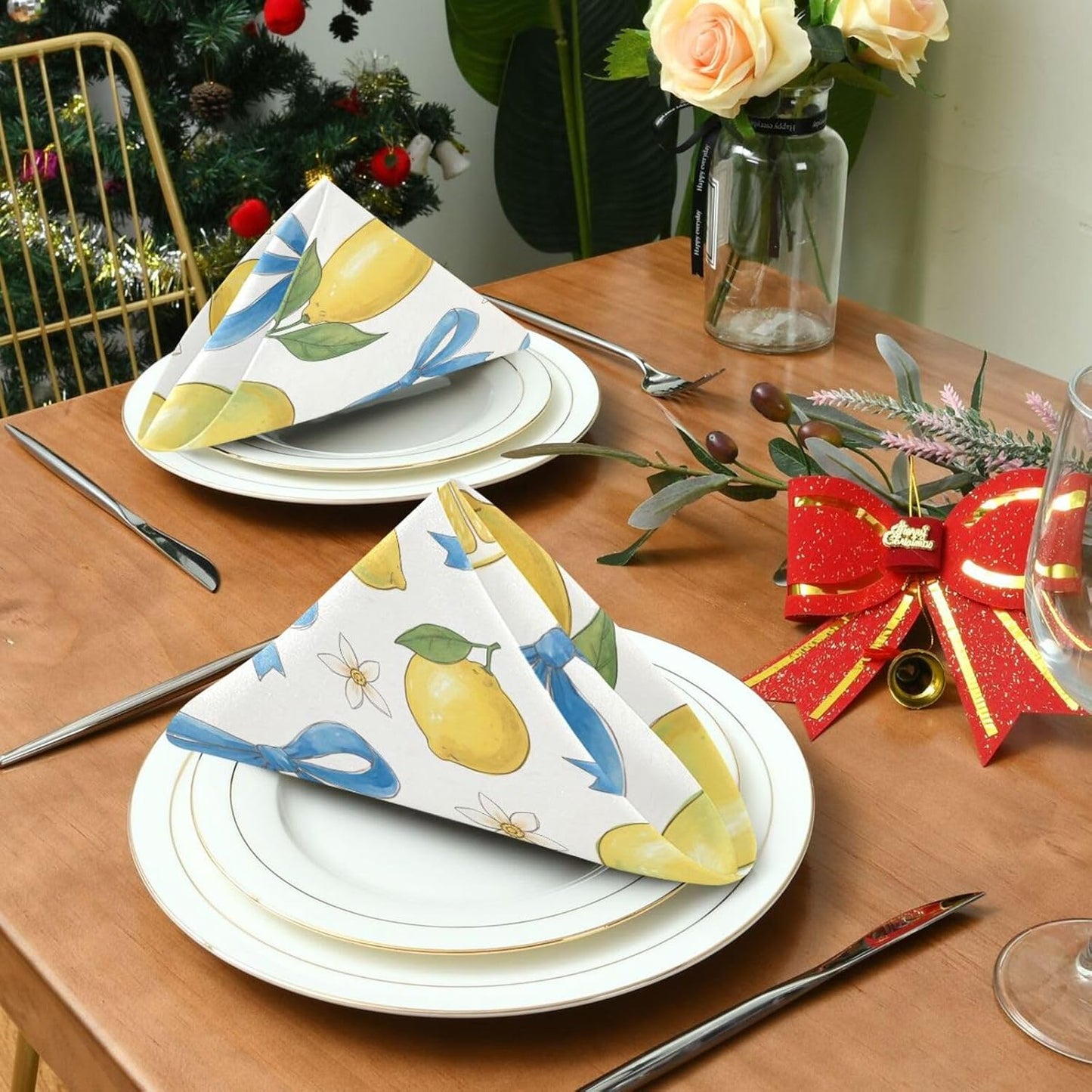 Bow and Lemon Washable Cloth Napkins Set - Reusable Decorative Table Napkins for Wedding, Party, Dining | 20x20 Inches | Home & Gifting