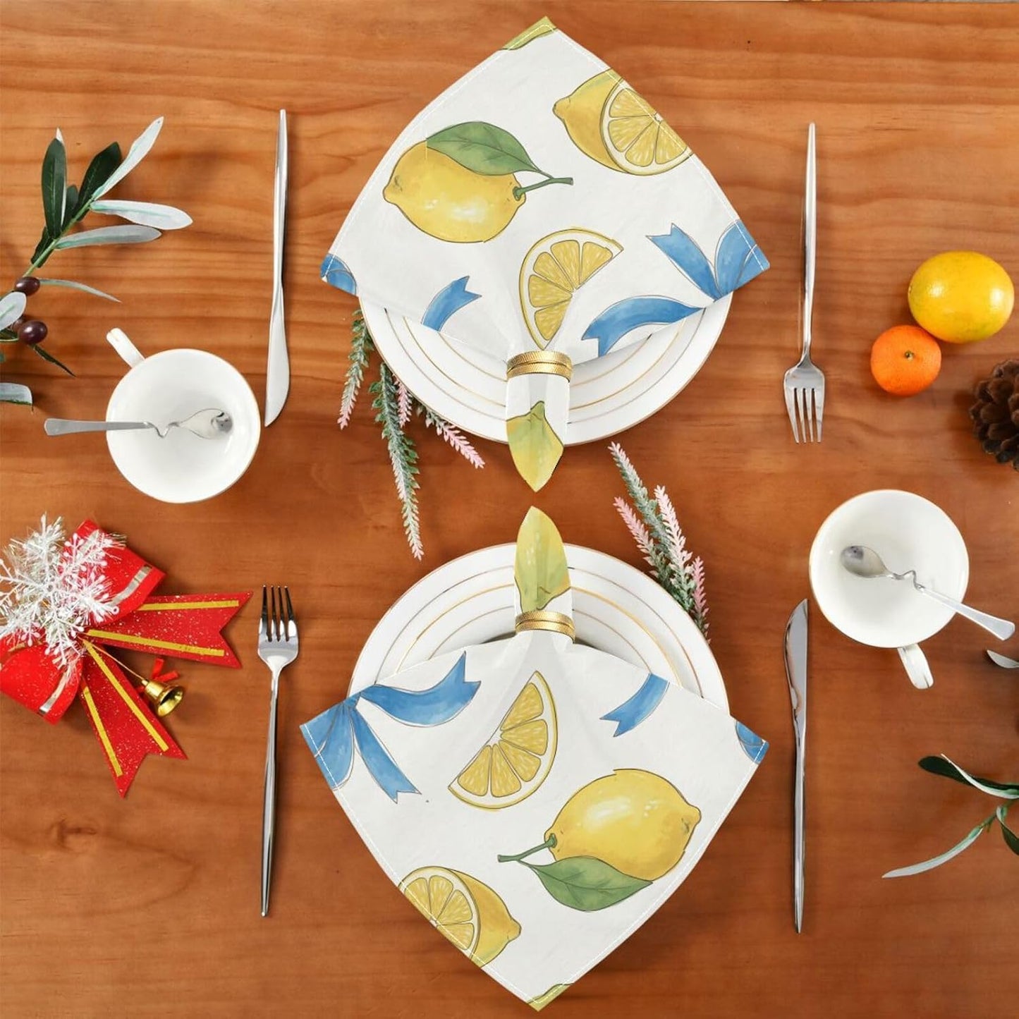 Bow and Lemon Washable Cloth Napkins Set - Reusable Decorative Table Napkins for Wedding, Party, Dining | 20x20 Inches | Home & Gifting