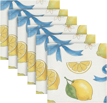Bow and Lemon Washable Cloth Napkins Set - Reusable Decorative Table Napkins for Wedding, Party, Dining | 20x20 Inches | Home & Gifting