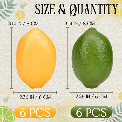 12pcs Yellow & Green Artificial Lifelike Simulation Lemon Fake Fruit Home Kitchen Cabinet Decoration