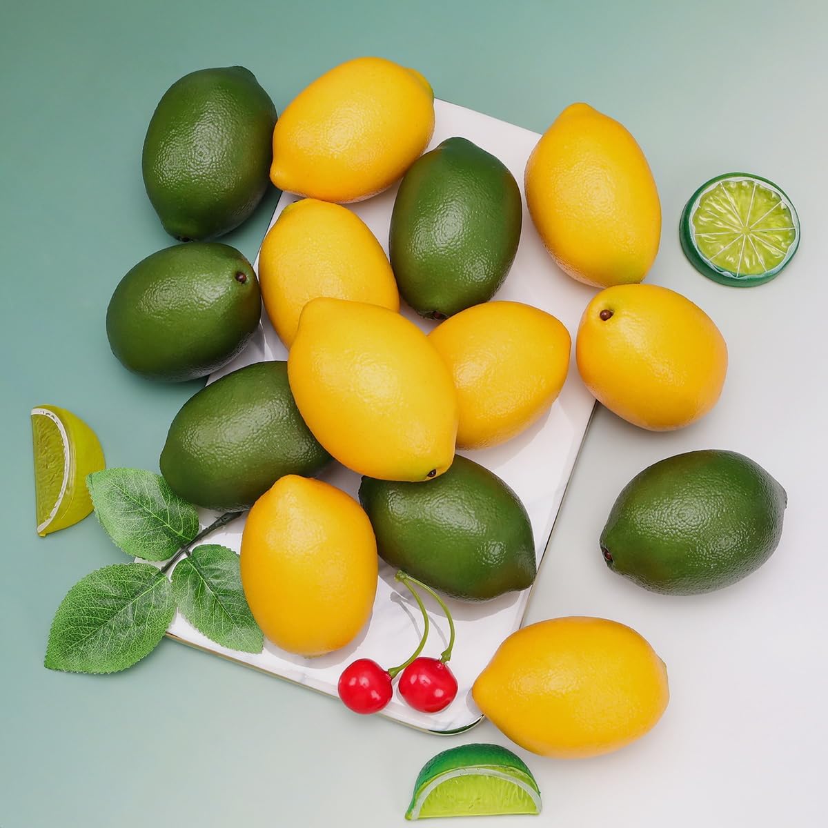 12pcs Yellow & Green Artificial Lifelike Simulation Lemon Fake Fruit Home Kitchen Cabinet Decoration