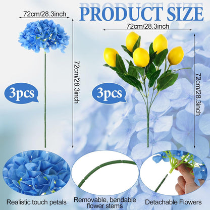 6pcs Amalfi Coast Party Decorations Capri Theme Table Centerpieces Mediterranean Decor 28.3" Artificial Blue Hydrangea and Lemon Branches Set for Wedding Capri Italian Themed Party Decor