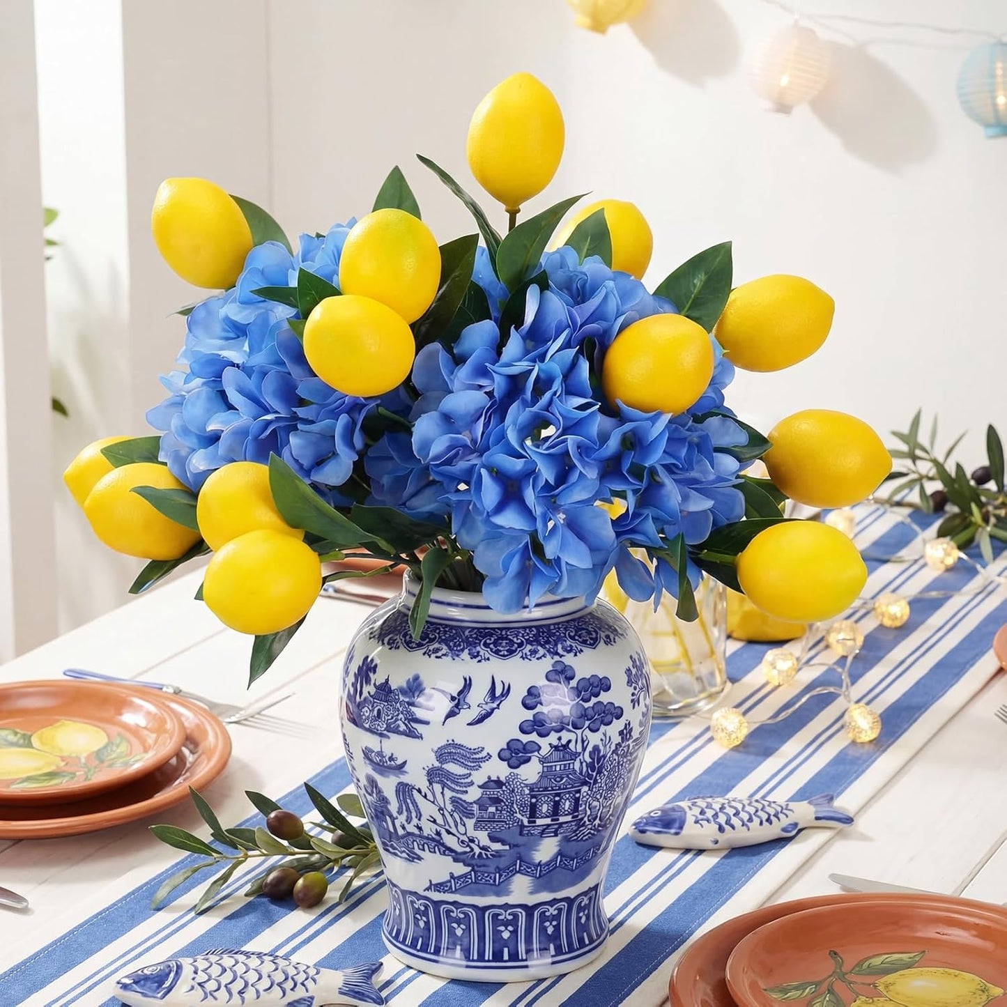 6pcs Amalfi Coast Party Decorations Capri Theme Table Centerpieces Mediterranean Decor 28.3" Artificial Blue Hydrangea and Lemon Branches Set for Wedding Capri Italian Themed Party Decor