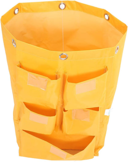 Replacement Waterproof Cleaning Cart Bag 5 Pockets Yellow Fabric Janitorial Supply Storage Bag for Hotel Housekeeping and Trash Collection