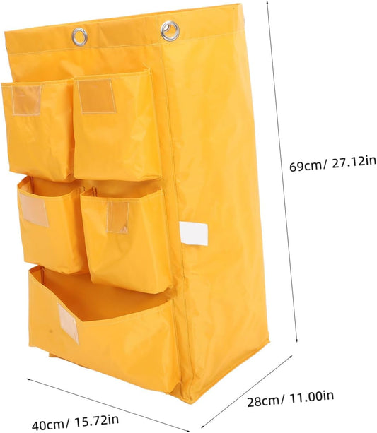 Replacement Waterproof Cleaning Cart Bag 5 Pockets Yellow Fabric Janitorial Supply Storage Bag for Hotel Housekeeping and Trash Collection