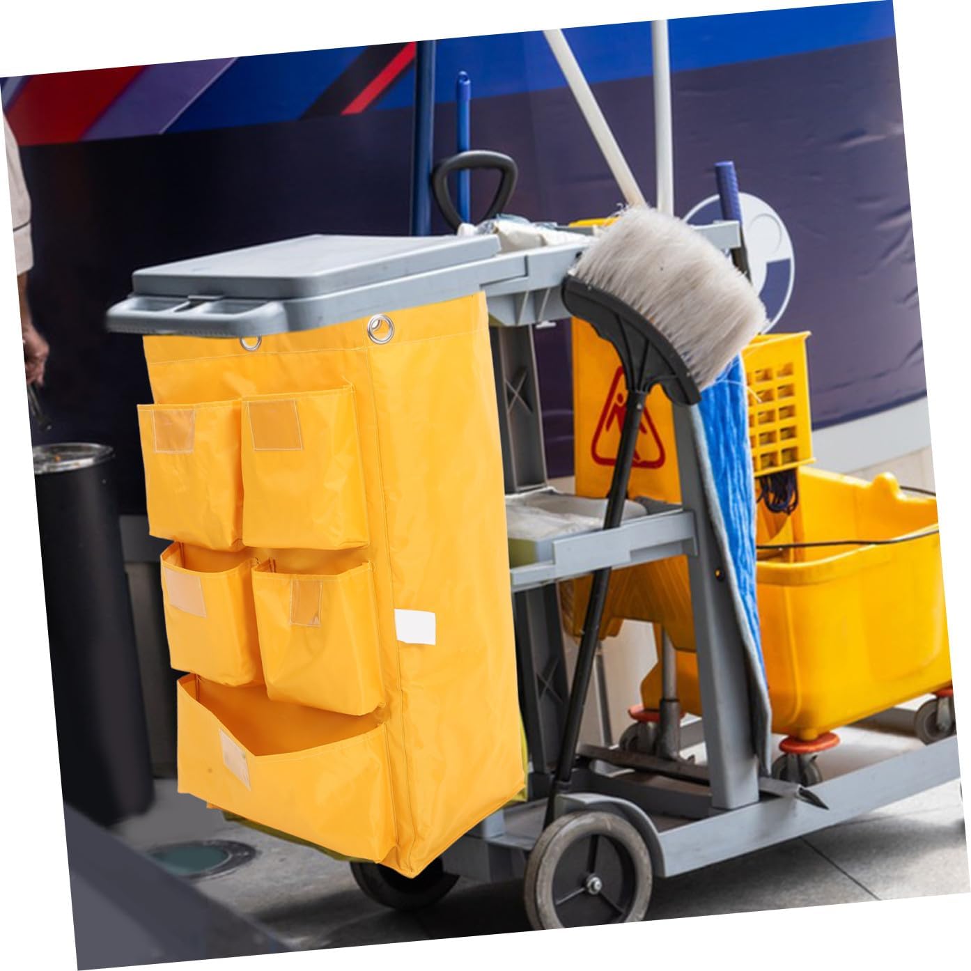 Replacement Waterproof Cleaning Cart Bag 5 Pockets Yellow Fabric Janitorial Supply Storage Bag for Hotel Housekeeping and Trash Collection