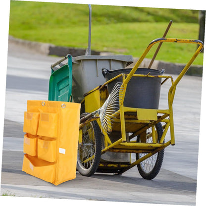 Replacement Waterproof Cleaning Cart Bag 5 Pockets Yellow Fabric Janitorial Supply Storage Bag for Hotel Housekeeping and Trash Collection