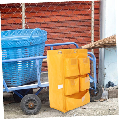 Replacement Waterproof Cleaning Cart Bag 5 Pockets Yellow Fabric Janitorial Supply Storage Bag for Hotel Housekeeping and Trash Collection