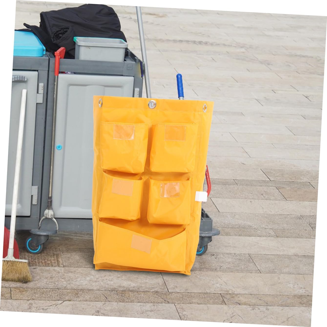 Replacement Waterproof Cleaning Cart Bag 5 Pockets Yellow Fabric Janitorial Supply Storage Bag for Hotel Housekeeping and Trash Collection