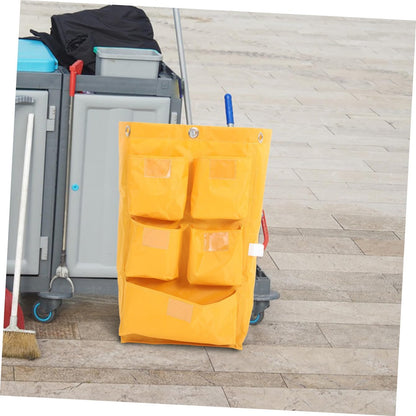 Replacement Waterproof Cleaning Cart Bag 5 Pockets Yellow Fabric Janitorial Supply Storage Bag for Hotel Housekeeping and Trash Collection