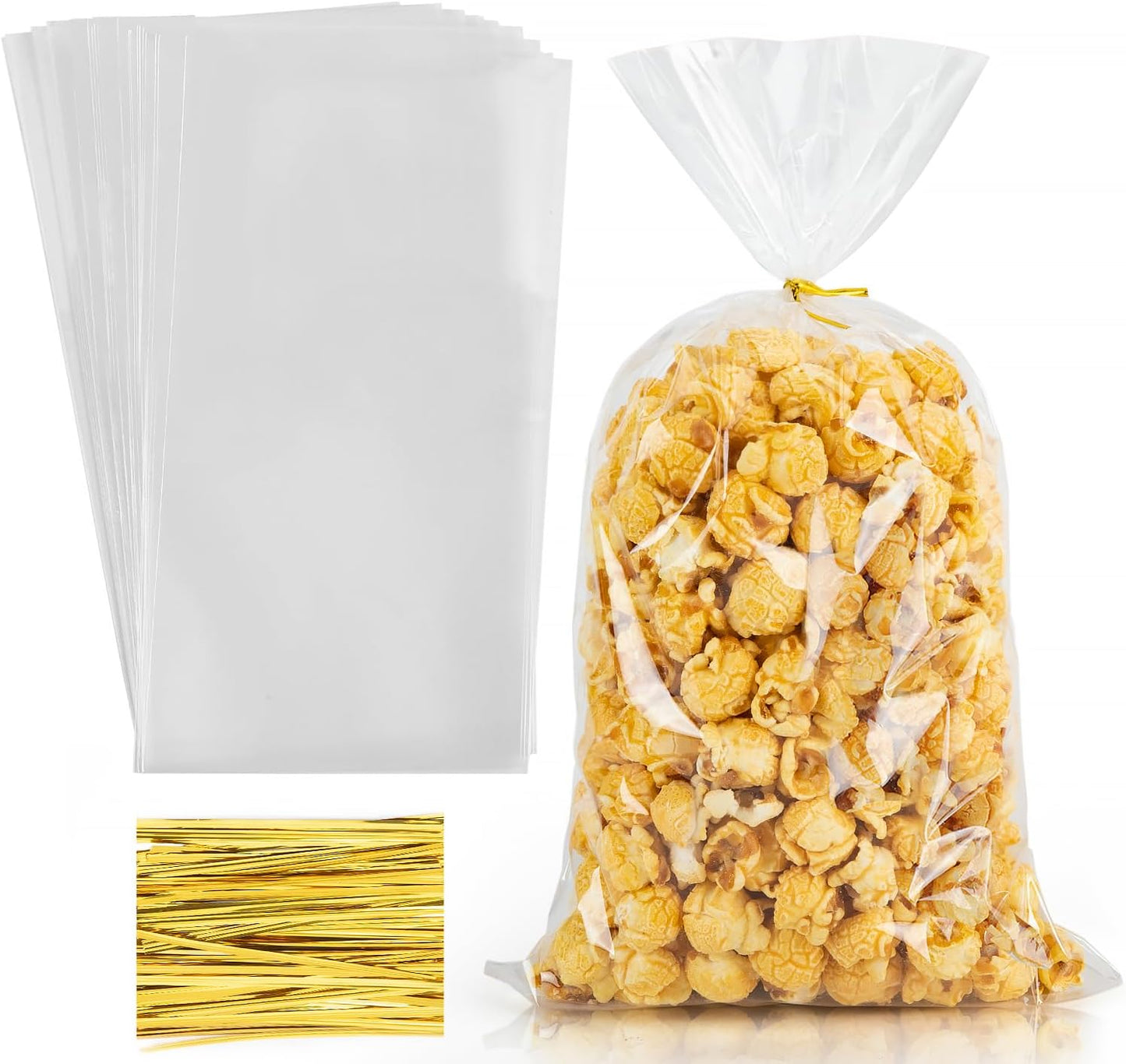 Clear Cellophane Bags,100Packs 7X14 Inch Popcorn Gift Warp | Large flat plastic wrap,with gold twist ties,perfect for party favors cookies candy snack, goodie bags or treat packaging