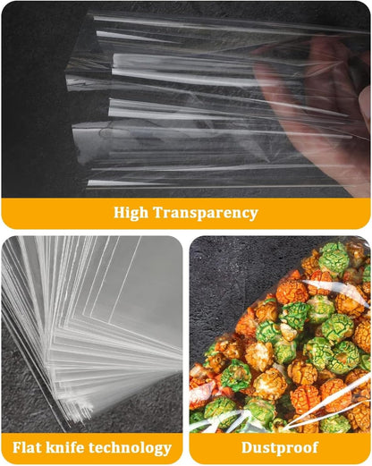 Clear Cellophane Bags,100Packs 7X14 Inch Popcorn Gift Warp | Large flat plastic wrap,with gold twist ties,perfect for party favors cookies candy snack, goodie bags or treat packaging
