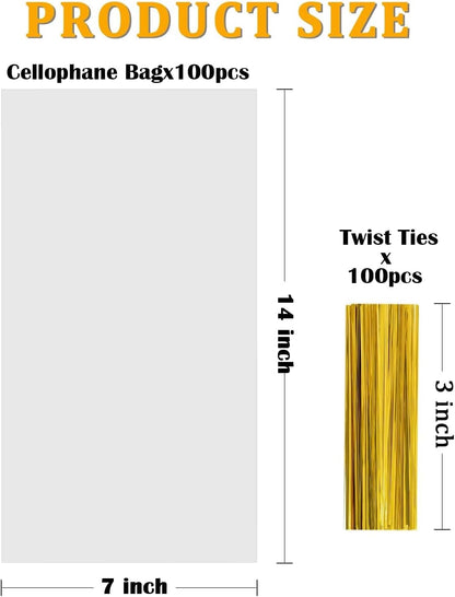 Clear Cellophane Bags,100Packs 7X14 Inch Popcorn Gift Warp | Large flat plastic wrap,with gold twist ties,perfect for party favors cookies candy snack, goodie bags or treat packaging