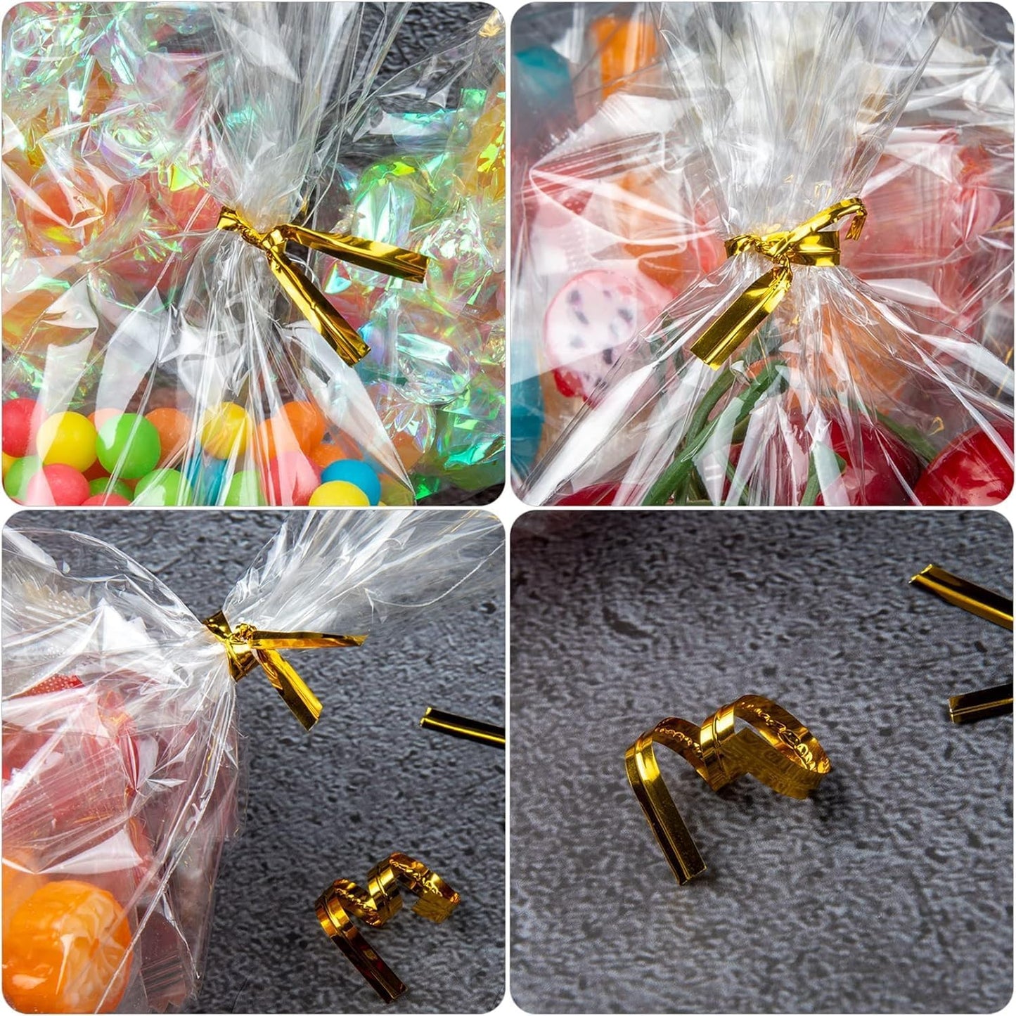 Clear Cellophane Bags,100Packs 7X14 Inch Popcorn Gift Warp | Large flat plastic wrap,with gold twist ties,perfect for party favors cookies candy snack, goodie bags or treat packaging