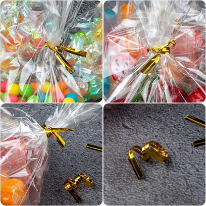 Clear Cellophane Bags,100Packs 7X14 Inch Popcorn Gift Warp | Large flat plastic wrap,with gold twist ties,perfect for party favors cookies candy snack, goodie bags or treat packaging