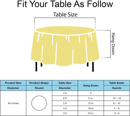Light Yellow Plastic Tablecloths 2 Pack Disposable Table Covers 84 Inch Circle Bridal Shower Party Tablecovers PEVA Table Cloths for BBQ Picnic Birthday Wedding Banquet Parties 6 ft Round Table Use