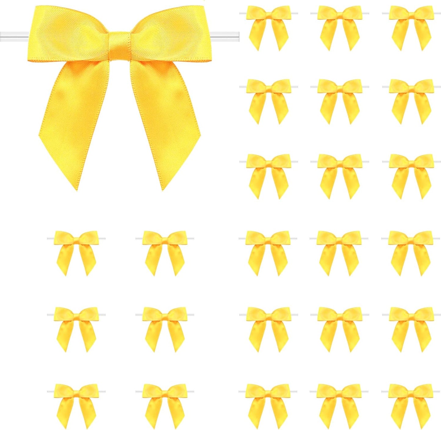 60 Pack Twist Tie Bows 3.3‘’ Craft Bows Satin Ribbon Bow for Gift Wrapping, Treat Bags, Party Favors & Craft Decoration Yellow