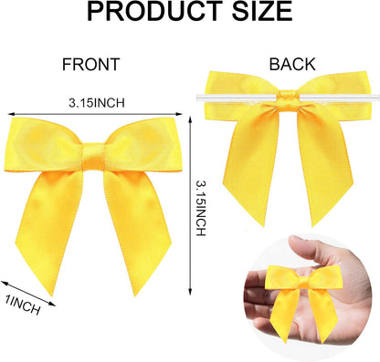 60 Pack Twist Tie Bows 3.3‘’ Craft Bows Satin Ribbon Bow for Gift Wrapping, Treat Bags, Party Favors & Craft Decoration Yellow