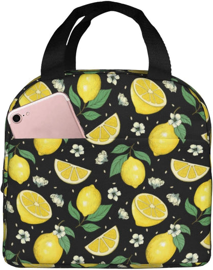 Lemons Portable Lunch Bags Insulated Lunch Box Reusable Cooler Tote Bag with Front Pocket for Women Men Adults Work Picnic Travel