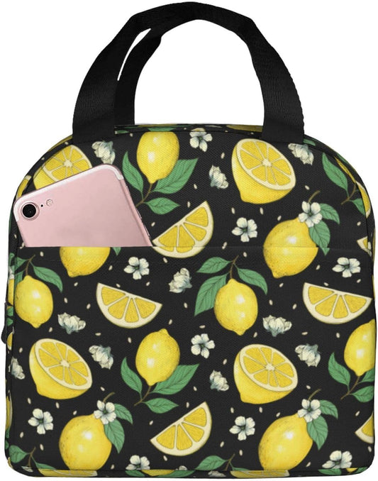 Lemons Portable Lunch Bags Insulated Lunch Box Reusable Cooler Tote Bag with Front Pocket for Women Men Adults Work Picnic Travel