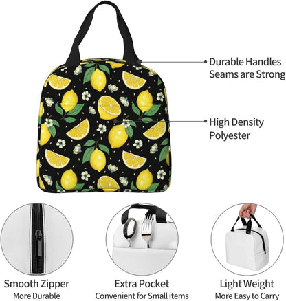 Lemons Portable Lunch Bags Insulated Lunch Box Reusable Cooler Tote Bag with Front Pocket for Women Men Adults Work Picnic Travel