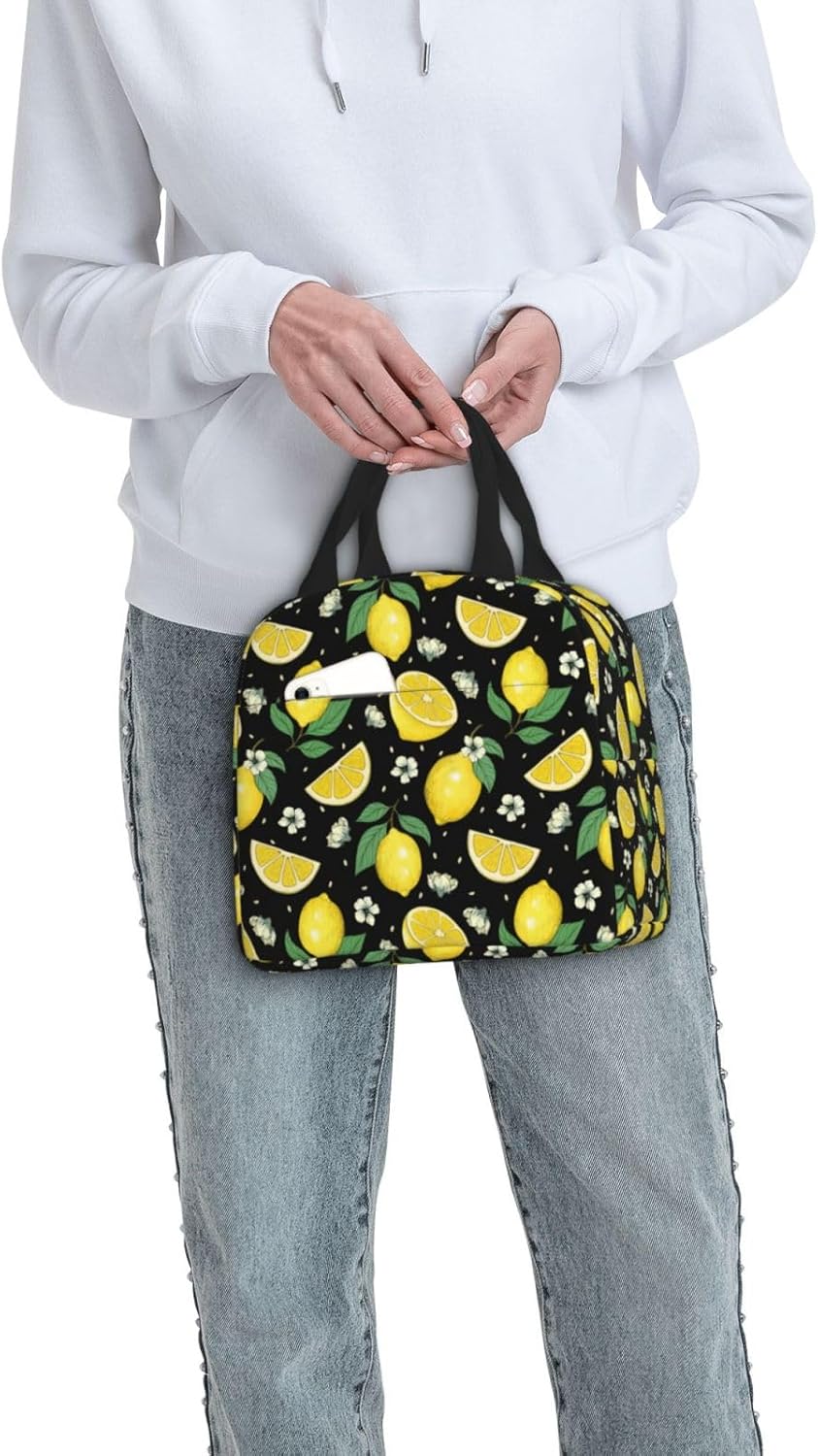 Lemons Portable Lunch Bags Insulated Lunch Box Reusable Cooler Tote Bag with Front Pocket for Women Men Adults Work Picnic Travel