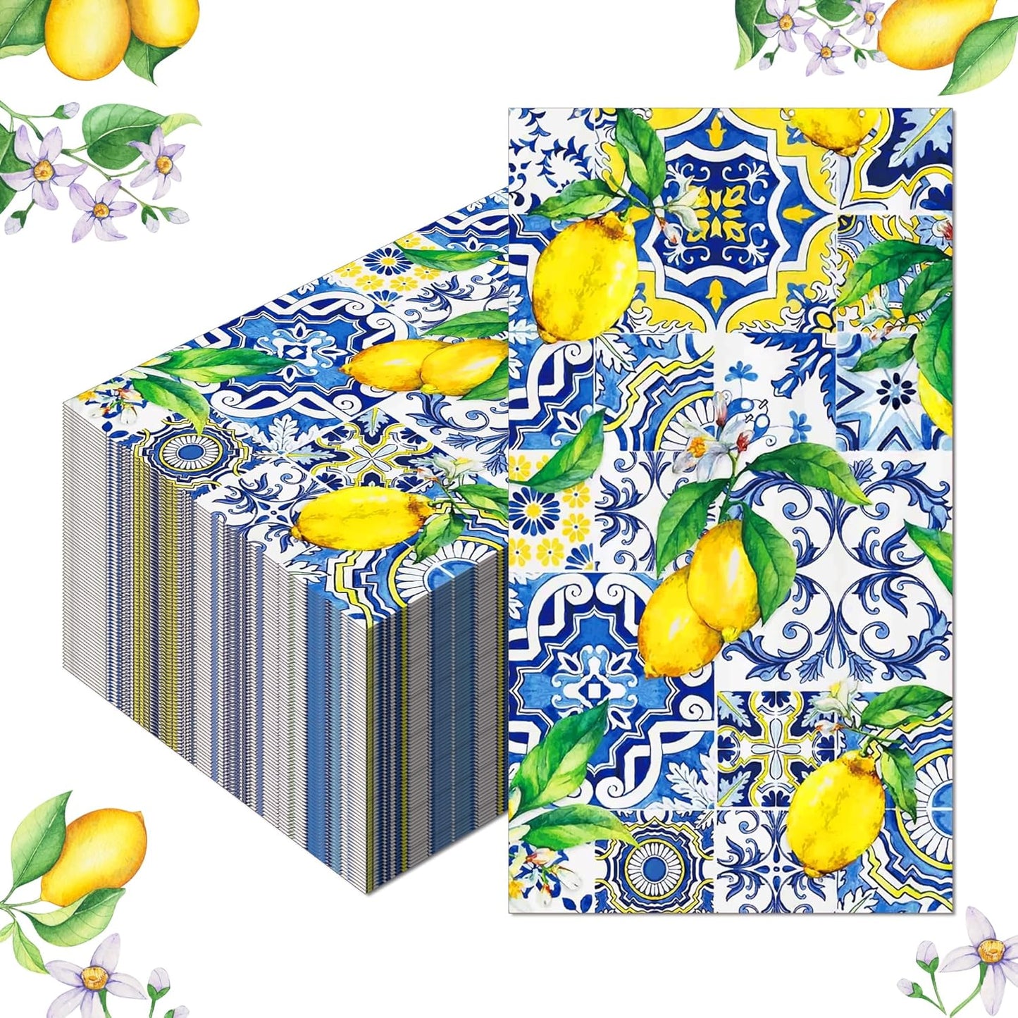40PCS Capri Lemon Paper Napkins Tiles Lemons Guest Party Napkins Disposable Royal Blue and White Mediterranean Lemon Decorative Hand Napkins for Positano Lemons Holiday Party Decorations 4.3" x 7.9"