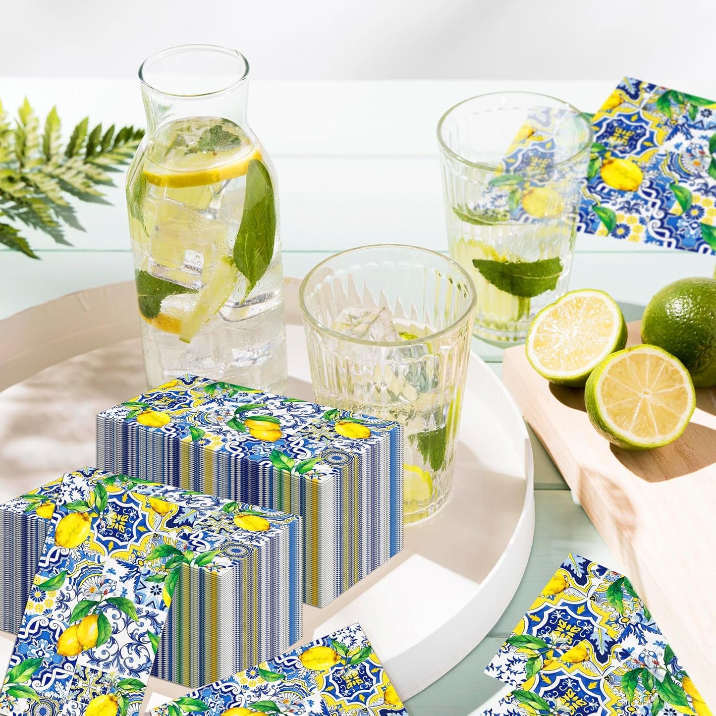 40PCS Capri Lemon Paper Napkins Tiles Lemons Guest Party Napkins Disposable Royal Blue and White Mediterranean Lemon Decorative Hand Napkins for Positano Lemons Holiday Party Decorations 4.3" x 7.9"
