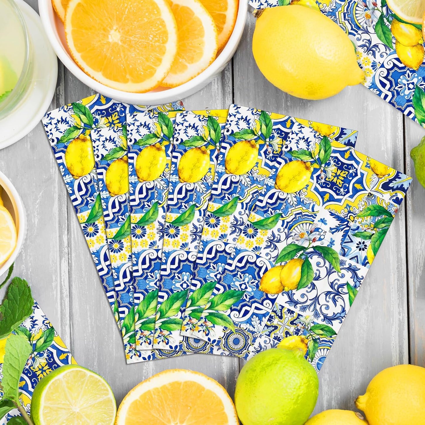 40PCS Capri Lemon Paper Napkins Tiles Lemons Guest Party Napkins Disposable Royal Blue and White Mediterranean Lemon Decorative Hand Napkins for Positano Lemons Holiday Party Decorations 4.3" x 7.9"