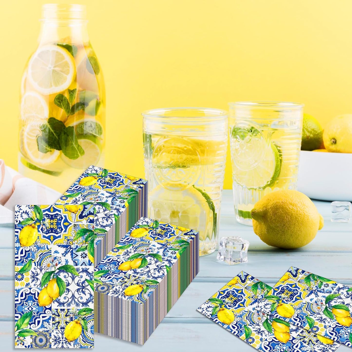 40PCS Capri Lemon Paper Napkins Tiles Lemons Guest Party Napkins Disposable Royal Blue and White Mediterranean Lemon Decorative Hand Napkins for Positano Lemons Holiday Party Decorations 4.3" x 7.9"