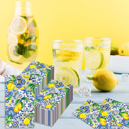 40PCS Capri Lemon Paper Napkins Tiles Lemons Guest Party Napkins Disposable Royal Blue and White Mediterranean Lemon Decorative Hand Napkins for Positano Lemons Holiday Party Decorations 4.3" x 7.9"