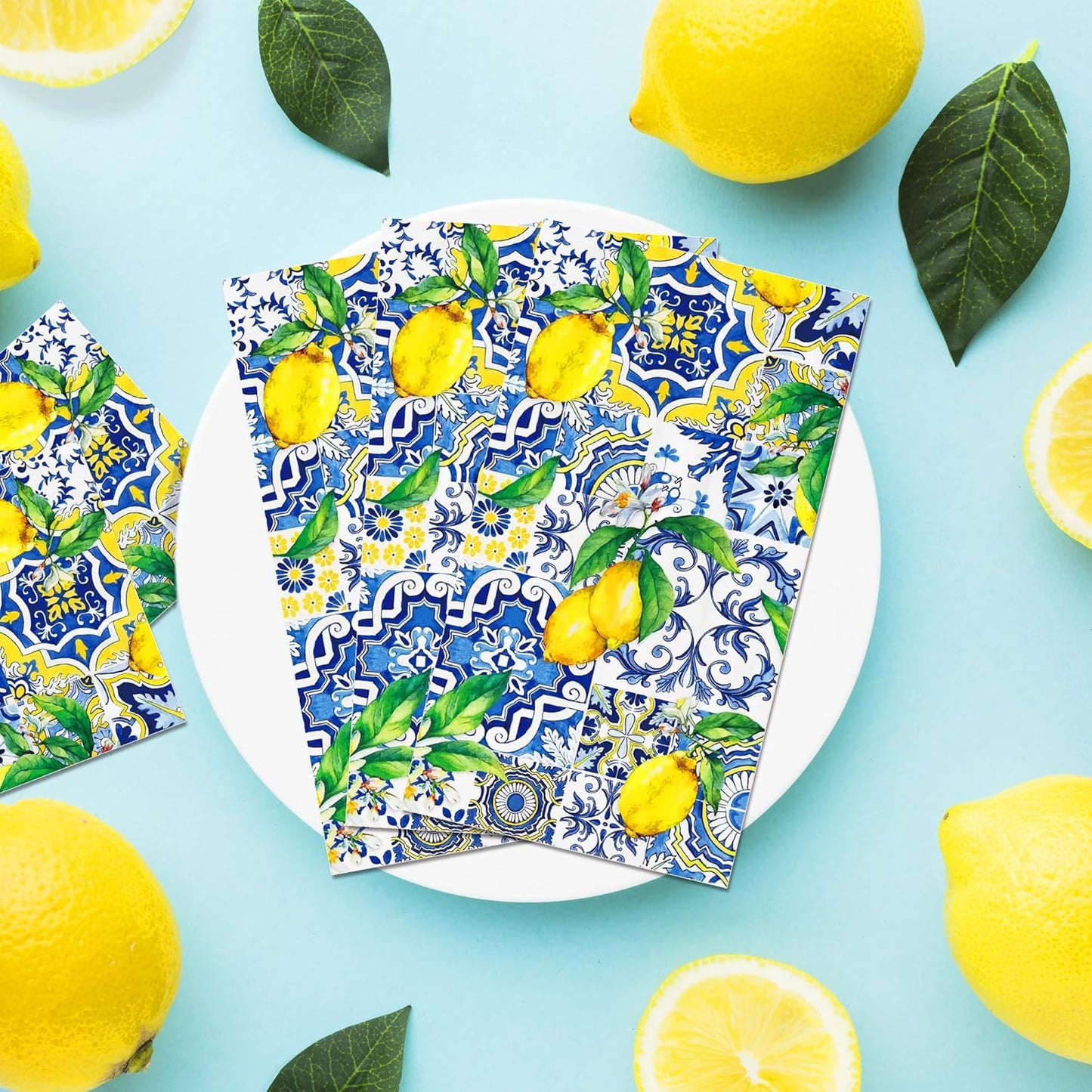 40PCS Capri Lemon Paper Napkins Tiles Lemons Guest Party Napkins Disposable Royal Blue and White Mediterranean Lemon Decorative Hand Napkins for Positano Lemons Holiday Party Decorations 4.3" x 7.9"