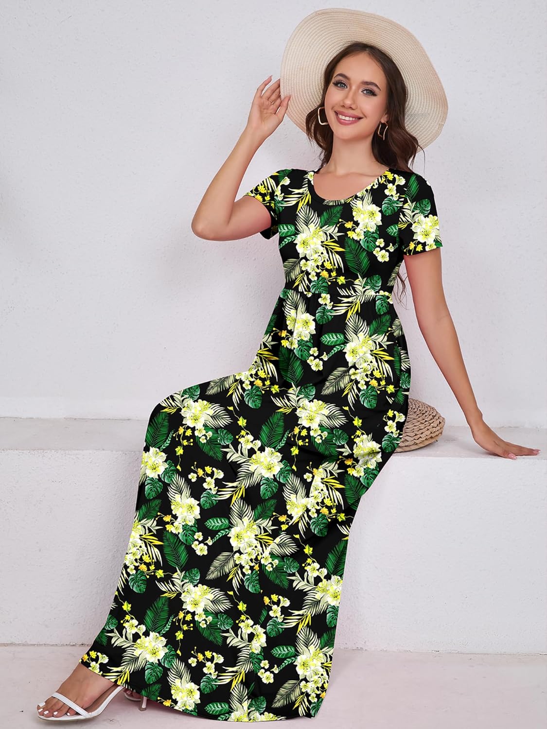 Maxi Dress for Women Short Sleeve Casual Summer Loose Plain Comfy Long Dresses with Pockets