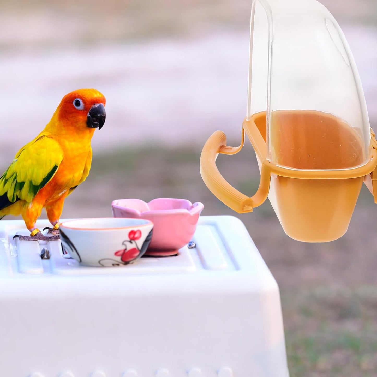 2pcs Hanging Bird Feeder Cups for Cage with No Mess Design Yellow and Green Plastic Bird Food Bowl and Water Dispenser Suitable for Parakeets Pigeons in Indoor Cages