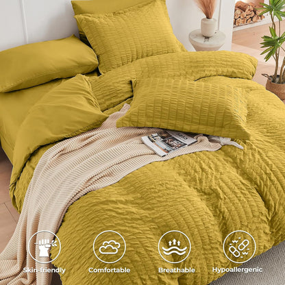 Mustard Yellow Full Size Comforter Sets Seersucker 7 Pieces, All Season Luxury Bed in a Bag for Bedroom, Bedding Set with Comforter, Sheets, Pillowcases & Shams